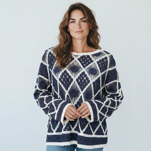 Anthro Hazel Open Knit Sweater L/XL Boxy Cotton Navy White Coastal Oversized Top